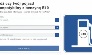 Ikona dystrybutora paliwa z napisem E10 obok formularza wyboru marki, modelu i roku pojazdu.