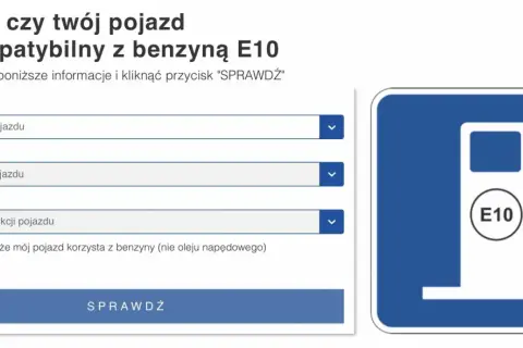 Ikona dystrybutora paliwa z napisem E10 obok formularza wyboru marki, modelu i roku pojazdu.