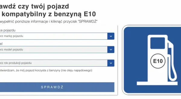 Ikona dystrybutora paliwa z napisem E10 obok formularza wyboru marki, modelu i roku pojazdu.